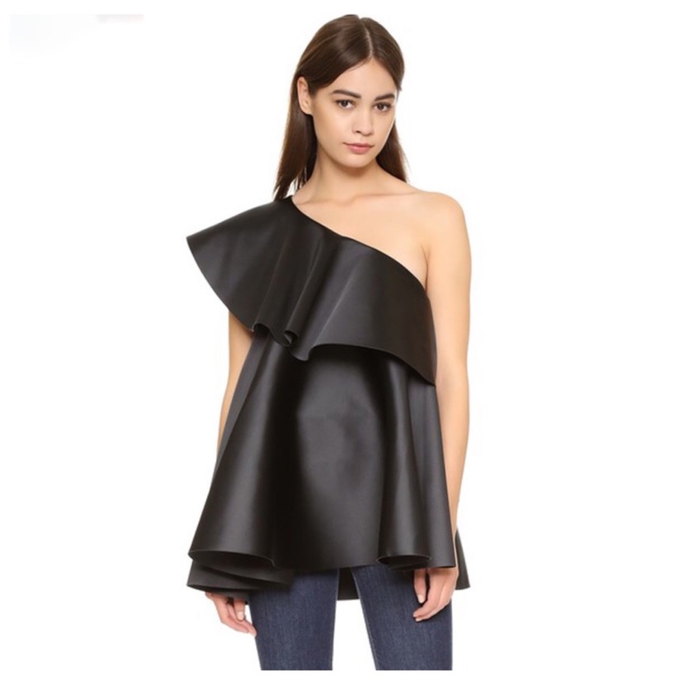 🌞 Black One Shoulder Satiny Long Ruffle Top - Picture 2 of 7